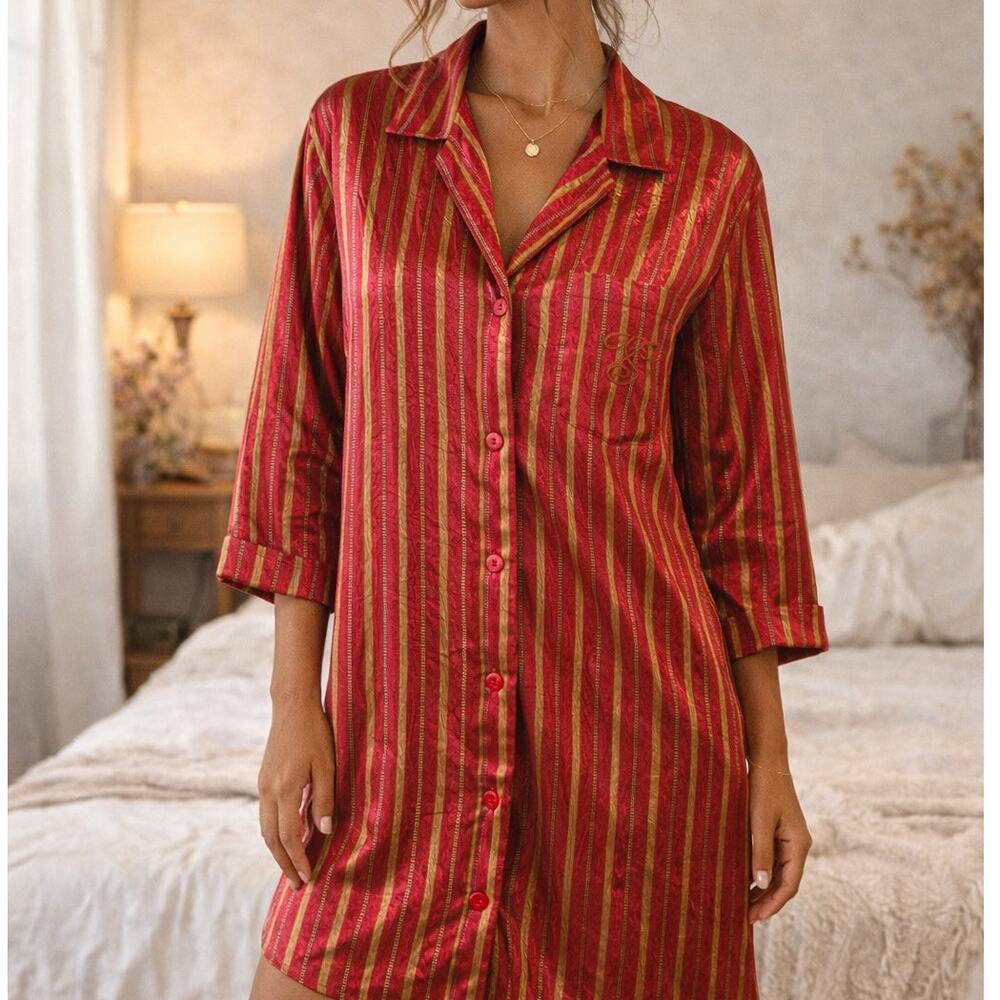 Vintage Victoria's Secret Red & Gold Striped Satin Finish‎ Pajama Shirt Dress XS